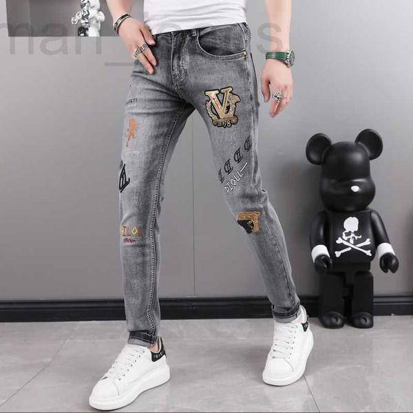 Jeans masculino designer bordado 2023 primavera/verão nova alta qualidade macio elástico fino ajuste calças júnior e977