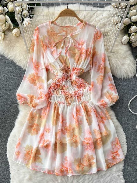 Günlük Elbiseler Kadın Modası Romantik Çiçek Baskılı Şifon Elbise İlkbahar ve Sonbahar Zarif İnce Elastik Bel Partisi Korece Tank Top P230606