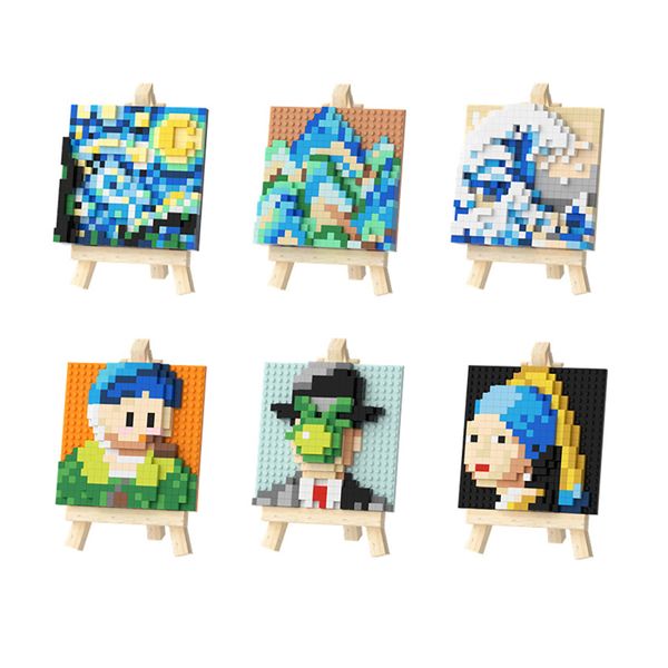 Caixa cega Pintura Artística de Pixel Pequenos Blocos de Construção Noite Estrelada Kanagawa Diamante Modelo 3D Nano Tijolo Brinquedos para Decoração de Mesa Micro 230630