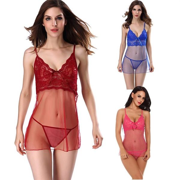 Roupa de dormir feminina untra sexy renda e malha babydoll com fio dental conjunto de lingerie vestido S-XXL vermelho azul rosa inteiro205J