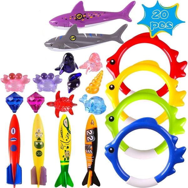 Brinquedos de banho 20 pçs Piscina de verão Mergulho Natação Anéis de tubarão Animais marinhos para crianças Meninas Jogos de natação divertidos Conjunto de mergulho subaquático Presentes 230630