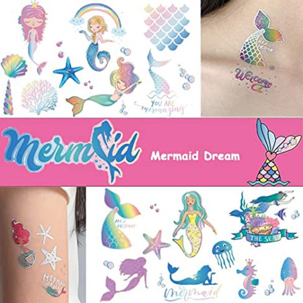 Tatuagens temporárias 12 folhas Tatuagens temporárias de sereia fofa para crianças Kit de adesivos de tatuagem de sereia com glitter lembrancinhas de festa decoração de aniversário para crianças 230701