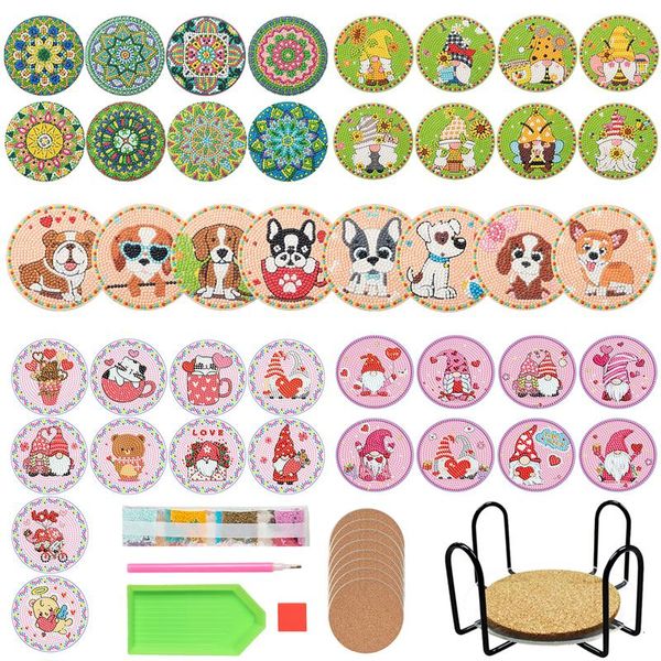 Frütherz 8/10pcs Diy Diamond Malerei Coaster Coaster Cartoon Getränkebechkissen mit Rack Tisch Tischemat Isolationspad Valentinstag Geschenke