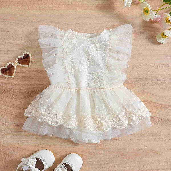 FOCUSNORM 0-18M Prinzessin Baby Mädchen Strampler Kleid Rüschen Fly Sleeve Mesh Floral Schritt Taste Overalls L230625