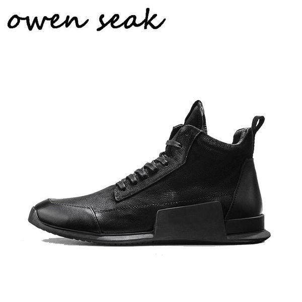 Stiefel Owen Seak Männer lässige Schuhe Hightop Knöchel Plüsch Stiefel echte Leder -Sneaker -Trainer Zip Winter Flat Black Schuhe