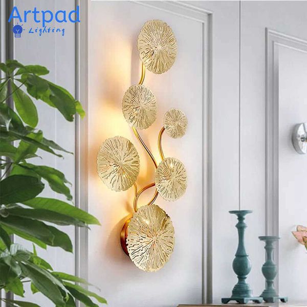 Candeeiros Artpad cobre lustre ouro folha de lótus candeeiro de cabeceira nórdico decoração da sala de estar iluminação para casa candeeiro de paredeHKD230701