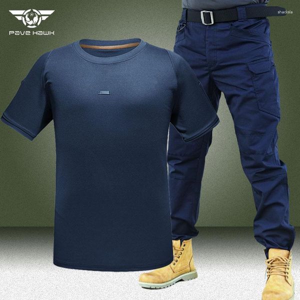 Männer Trainingsanzüge Sommer Schnell Trocknend Sets Männer Militär Atmungsaktive Kurzarm T-shirts Armee Multi-tasche Wasserdichte Cargo Hosen Blau