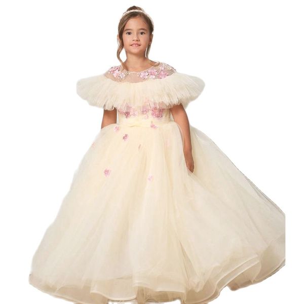 Abiti da ragazza di fiori gonfi beige Appliques di pizzo rosa Gioiello Collo Abito da comunione per bambini Abito da festa di compleanno per bambini in tulle con volant