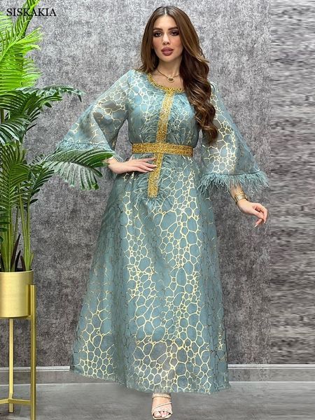 Ethnische Kleidung Siskakia Hochzeitsfeierkleider Dubai Türkei Arabisch Marokkanisch Jalabiya Mesh Goldprägung S Federband Gulf Abayas 230630