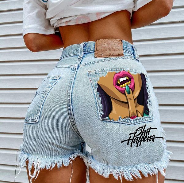 Shorts Ins Street Personality Golden Tooth Girl Biting Fingers Europa und Amerika Casual Hole Denim Shorts Hot Pants