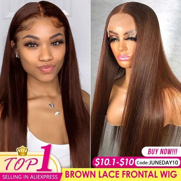 Perucas Sintéticas 13x4 Castanho Chocolate Liso Lace Front Wig 220% Hd Transparente Frontal Pré Depenado Cabelo Humano Colorido Para Mulheres 230630