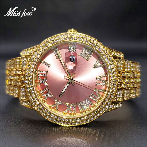 Женские часы MISSFOX Золотые часы для женщин Розовые часы со льдом и бриллиантами для женщин Водонепроницаемые стильные модные вечерние платья Ювелирные изделия Подарок 230630
