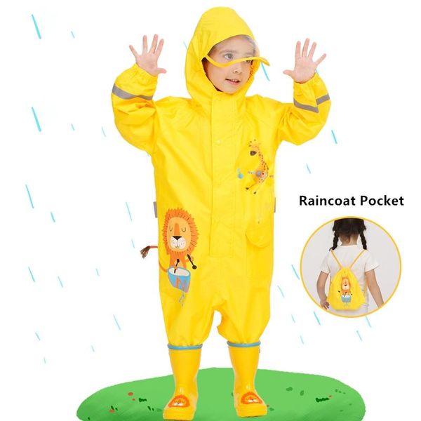 Calças de 110 anos crianças capa de chuva garotos meninos meninos macacões a água com capuz Onepiece Cartoon Dinosaur Baby Rainwear e calça