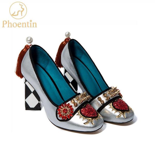 Boots Phoentin Tassel Sapatos femininos de saltos de rebite de couro genuíno 5,5cm 8cm 2023 Slip de flor de cristal nas bombas Ladies ft621