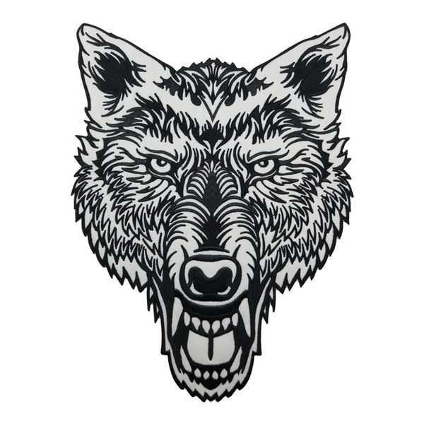 Riesiger einsamer Wolfskopf-Tattoo, reflektierender gestickter Aufnäher, Biker-Rücken-Applikation, Aufnäher zum Aufbügeln, 30,5 cm hoch, 282H