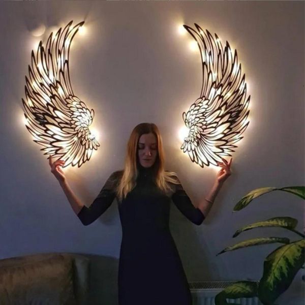 Objetos decorativos estatuetas de metal asas de anjo moderna escultura de parede decoração de arte grande decoração de ferro antigo com LED 230701