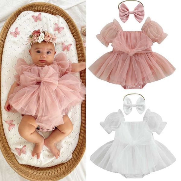 Footies FOCUSNORM 2-teiliges Baby-Stramplerkleid für Mädchen, kurzes Puffärmel-Spitzennetz-Tüllkleid mit Schleife + Stirnband-SetHKD230701