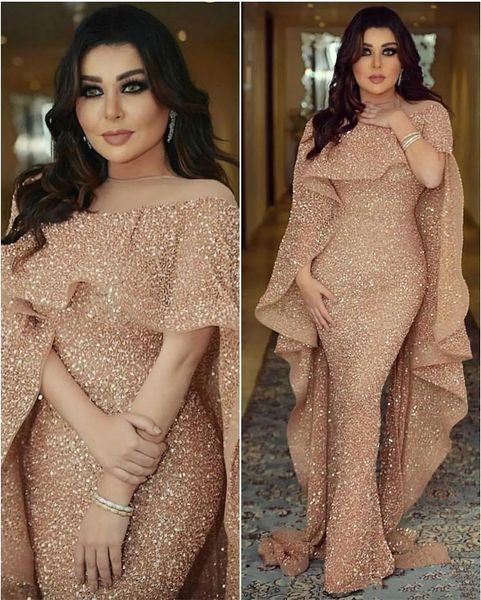 Bling Pullar Denizkızı Prom Elbiseler Işıltılı Gül Altın Mücevher Boyun Kapağı Kollu Kat Uzunluğu Orta Doğu Arap Akşam Partisi Gowns Glitter