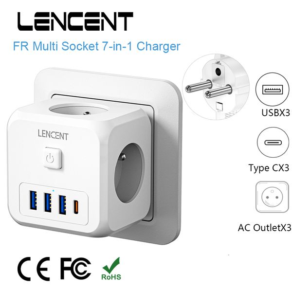 Cabo de alimentação Plugue LENCENT FR Adaptador de alimentação cubo com vários soquetes com 3 portas USB 3 tomadas CA 1 tipo C 7 em 1 tomada de parede Interruptor liga/desliga para casa 230701