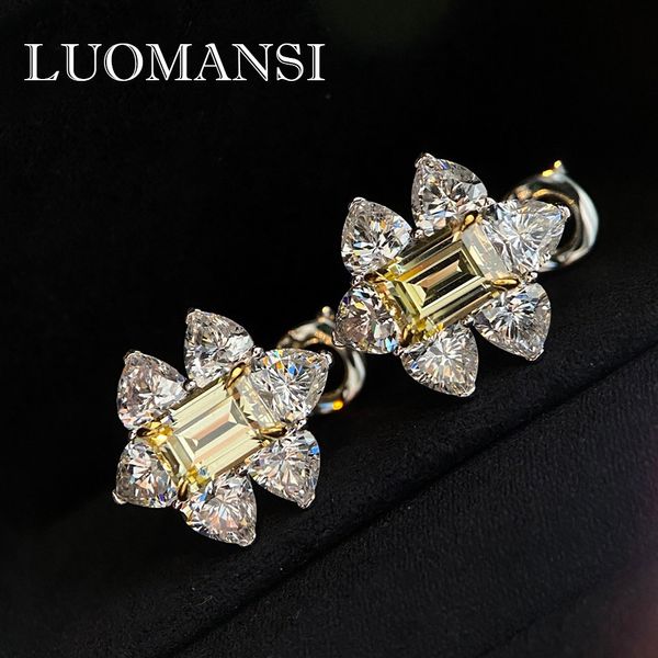 Stud Luomansi Brincos de diamante de alto carbono amarelo Brocado 100% S925 Brincos de dinheiro puro Brincos personalizados para mulheres 230701