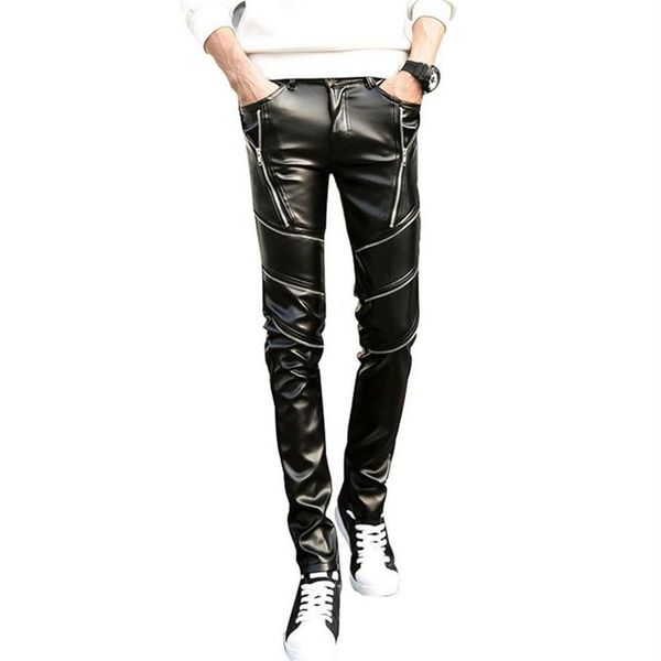 Whole-DJ Swag Skinny Herren Kunstleder PU enge schwarze Jogger Bikerhose für Männer Jungen mit Reißverschlüssen290f