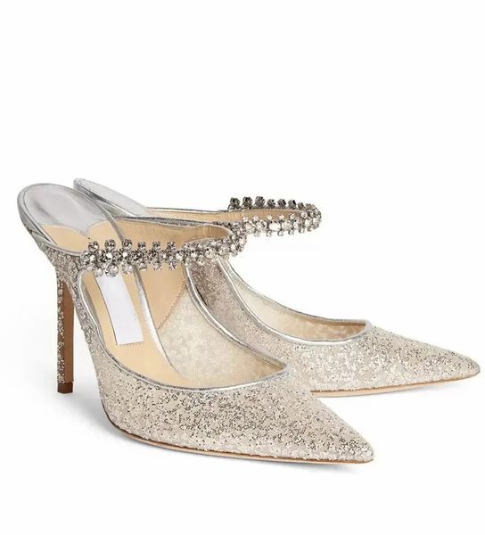 Summer Sliver Sandali da donna Bing in pelle ricoperta di glitter Scarpe Ciabatte impreziosite da gioielli Pantofole Scintillio con punta Charm Lady Weddding Bridals Pumps