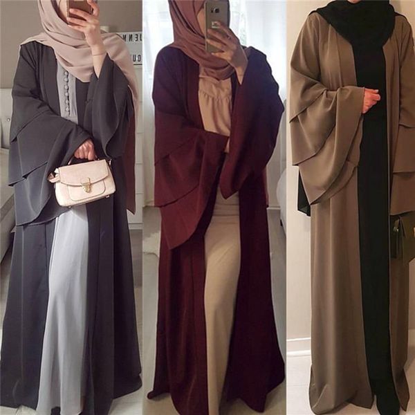 Fashion New Dubai Abaya Kaftan Donne musulmane turche Abito tinta unita Abbigliamento islamico Tre piani Abiti manica tromba Robe Mu292s