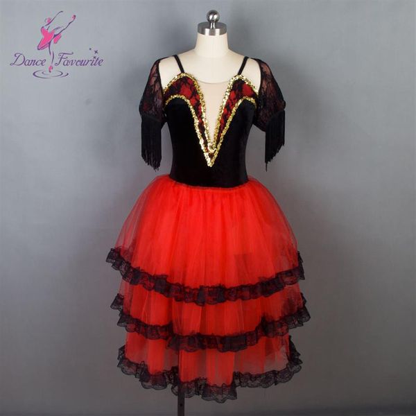 Neues spanisches Mädchen-Ballettkleid aus schwarzem Samt mit rotem Tüll-Ballettkleid für Damen. Performance-Ballettkostüme für Ballerina2499
