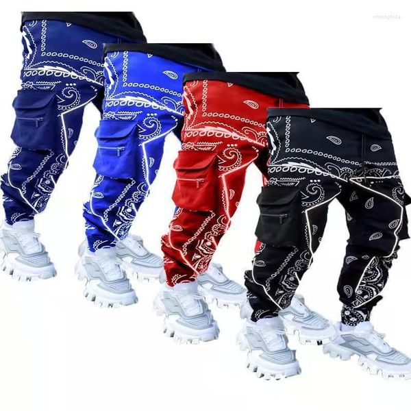Calças masculinas 2023 soltas High Street multi-bag hip-hop macacão moderno casual tecido cargo calça reflexiva justa para corrida