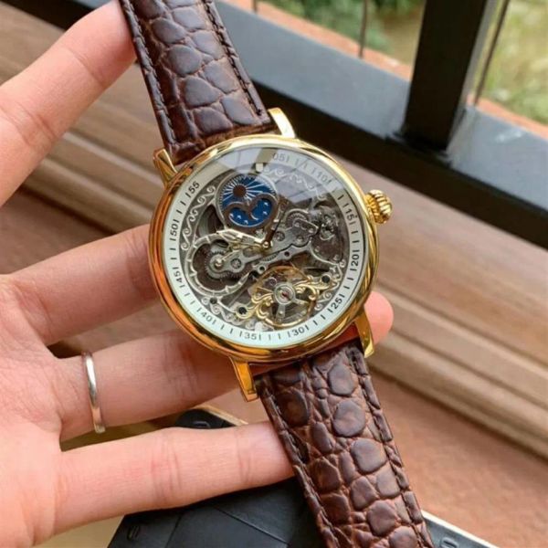 Tourbillon Safir İskelet Otomatik İzle Erkekler Güneş Ay Fazı Erkek Mekanik Saatler En Kol Saatleri Deri Strap264d