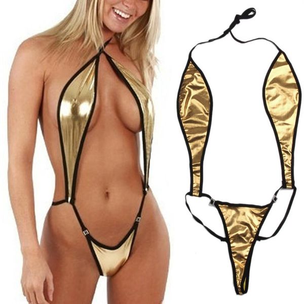 Lingerie feminina sexy dourada bandagem de couro envernizado bodydoll biquíni roupa íntima roupa de dormir conjunto ue eua estilo236o