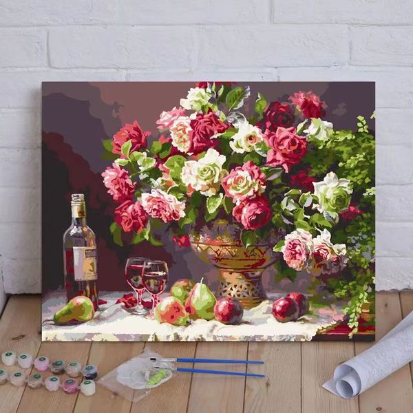 Rosa diy pintura a óleo digital cura estética flores preenchimento de cor preenchimento de cor sala de estar pintura decorativa a óleo