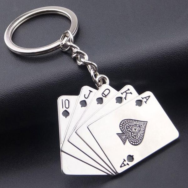 Llaveros Hombres Bolsa de coche Llavero Joyería de acero inoxidable Straight flush Texas Hold'em Poker Naipes Regalo Moda