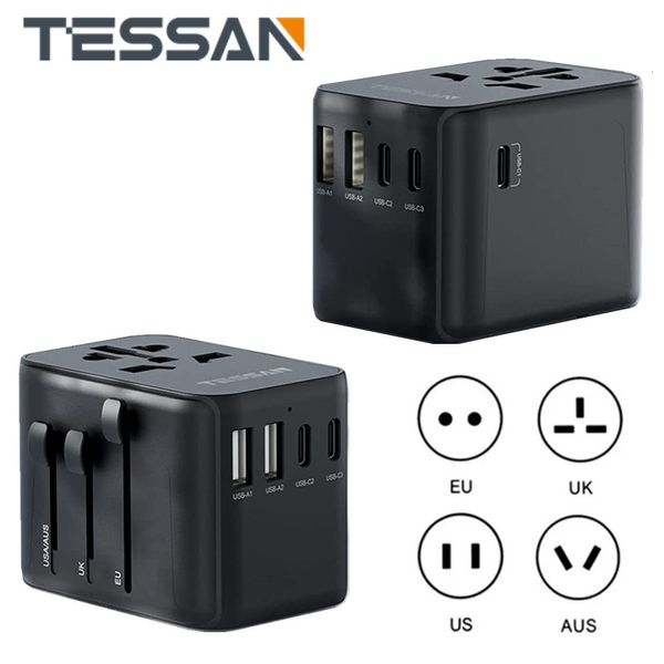 Plugue do cabo de alimentação TESSAN Adaptador de viagem universal All-in-one Adaptador de tomada internacional com USB Tipo C Carregador de parede para viagem no Reino Unido/UE/AU/EUA 230701