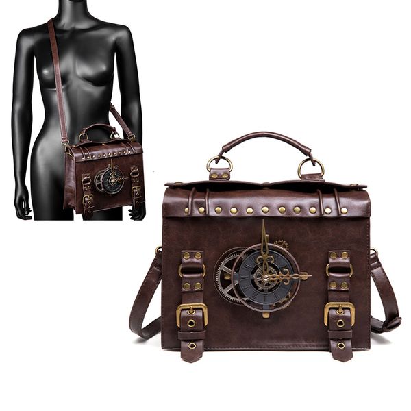 Cartelle Vintage Steampunk Cartella Borsa Borse da donna Orologio Portafoglio a tracolla Lady PU Leather Square Messenger Side per documenti 230701