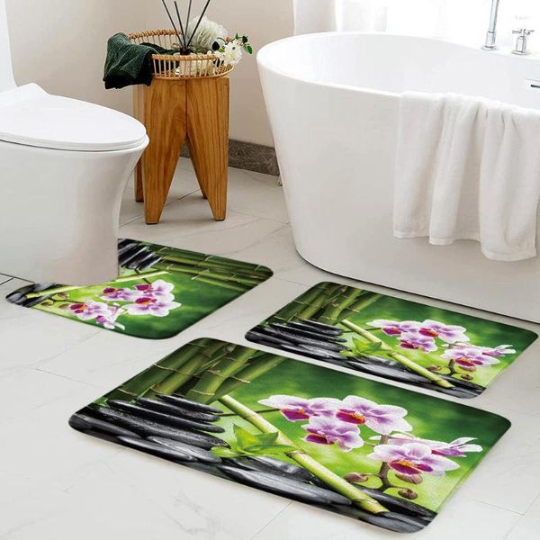 Tappetini da bagno Set di tappetini in bambù verde zen Fiori di orchidea viola Scenario spa in pietra nera Decorazioni per il bagno domestico Tappeti Tappeto a forma di U