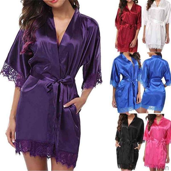 Frauen Sexy Plain Silk Satin Spitze Schlanke Weiche Roben Bad Nachtwäsche Exotische Sets Dress221P