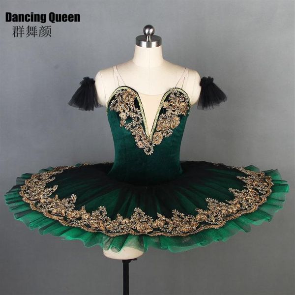 Vestido de palco corpete de veludo verde profundo tutu de balé profissional para mulheres meninas bandeja de panqueca bailarina crianças adulto224S