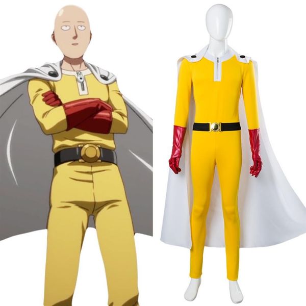 One Punch Man Костюмы для косплея Сайтама Косплей Jumosuits плащ ремень шляпа перчатки полный комплект для Хэллоуина Party226C