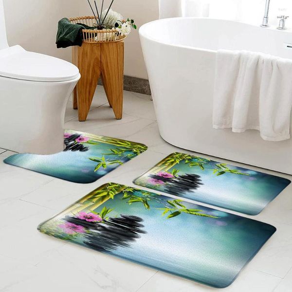 Badematten, grünes Bambus-Zen-Matten-Set, lila Blume, schwarzer Stein, Spa-Landschaft, Heimteppich, Badezimmer, dekorativer rutschfester Teppich in U-Form