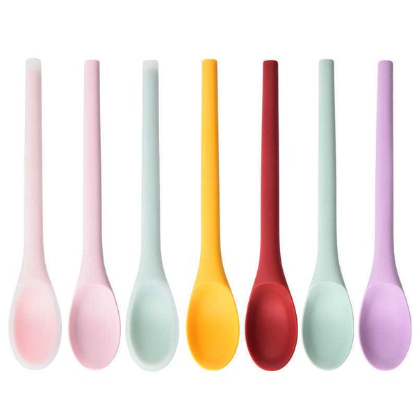 New Multi Purpose Silicone Spoon Long Handle Rice Soup Spoon Mixing Dessert Ice Cream Spoon Teaspoon Coffee Spoon Kitchen Tableware