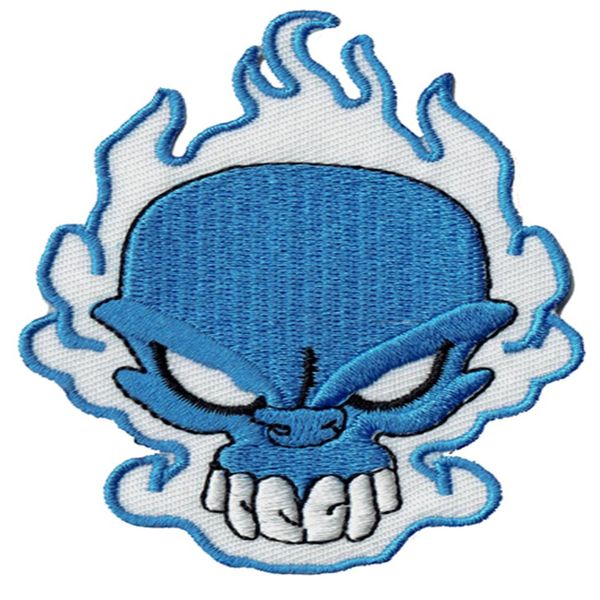 Moda Caveira Chama Bordada Patch Azul Distintivo Ferro Em Jaqueta Applique Bordado Patch Acessório Fornecedor Motociclista Colete Punk Emblema249K