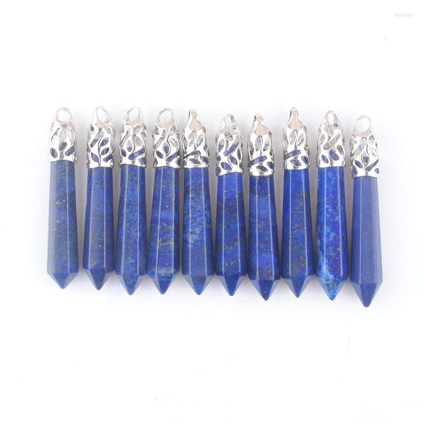 Colares com pingente Moda Pedra Natural Lapis Lazuli Pilar Hexagonal Encantos Pingentes 12x50mm Para Fazer Colar 10 Pçs/lote Atacado QN3825