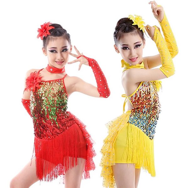 Traje de Palco Meninas Salsa Fringe Crianças Traje de Dança Vestido de Lantejoulas Infantil Infantil Saia de Lantejoulas Vermelho Dourado Salão de Baile263f