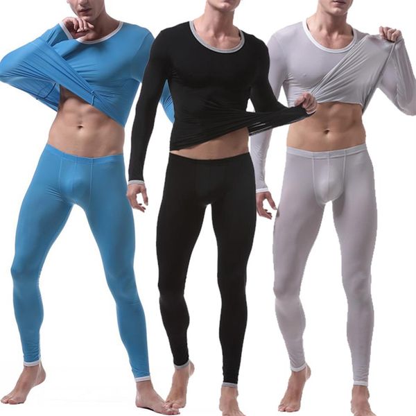 Conjunto de 2 peças masculino Sexy Ice Silk longo Johns Conjunto de compressão térmica masculino Roupa íntima transparente com fundo transparente Legging fina e elástica 218v