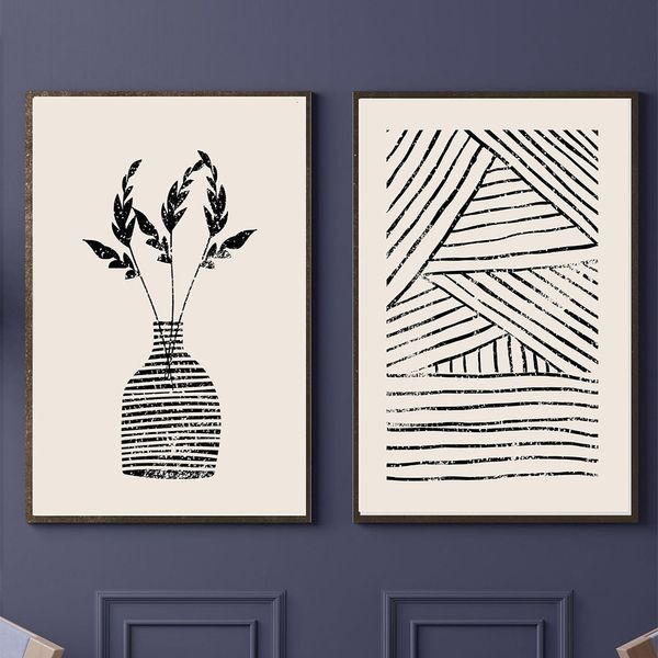 Gemälde Wandkunst Schwarz-Weiß-Streifen Geometrische Vase Blätter Pflanze Leinwand Malerei Nordische Poster und Drucke Bilder für Wohnzimmer 230701