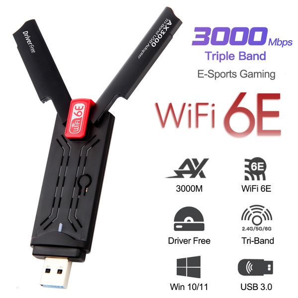 Adattatori di rete AX3000 Adattatore WiFi USB 3.0 3000Mbps WiFi 6E Scheda di rete Tri-Band 2.4G 5G 6G Ricevitore WiFi Dongle per Windows 10 11 Driver gratuito 230701