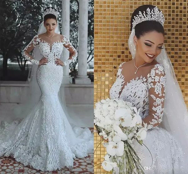 Dubai Luxo Cristais Brancos Vestidos De Noiva Sereia Decote Transparente Mangas Compridas Vestidos De Noiva De Casamento Com Sobressaias Destacáveis Trem