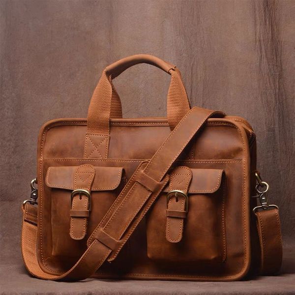 Aktetassen LEATHFOCUS Heren Aktetas Echt Leer Vintage Handtas Reizen Messenger Bag Business 14 Inch Laptop 230701