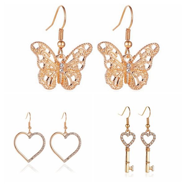 3 paires Boucles d'Oreilles Pendantes Simple Coeur Clé Papillon Design ins Style - Joli Cadeau pour les Filles